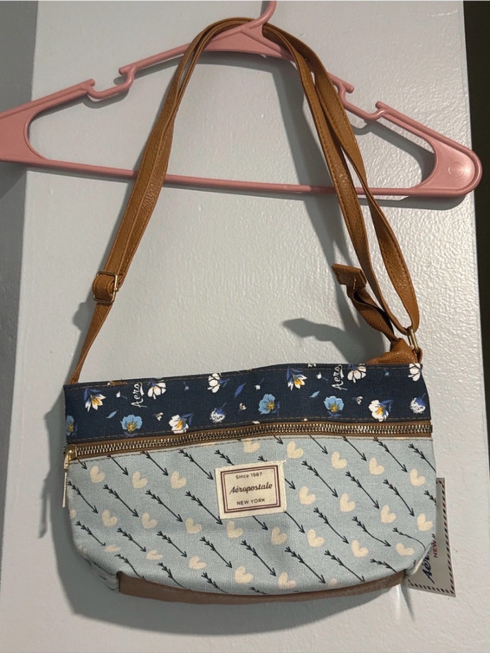 Aeropostale Blue Floral & Light Blue Heart Crossbody with Tan Strap